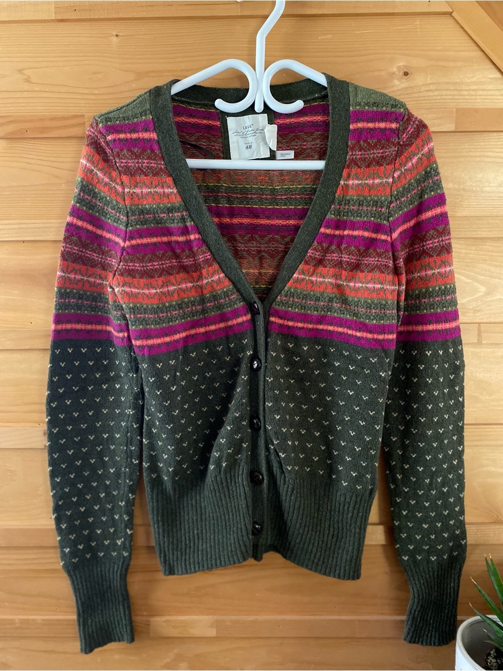 H&M Olive Green Cardigan with Pink and Coral Stripes